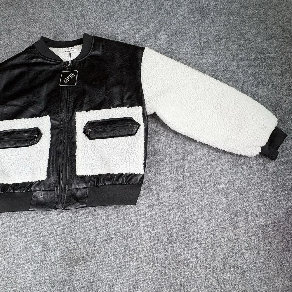 Zaful Yanweiyi‎ Jacket Women M Black White Faux Leather Sherpa Bomber Y2K Baddie - Picture 2 of 13